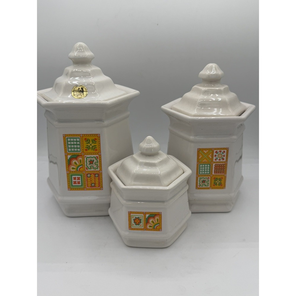 Vintage 3 Pc Avon Patchwork Cottagecore Ceramic Canisters Quilt Folk Art 1970's
